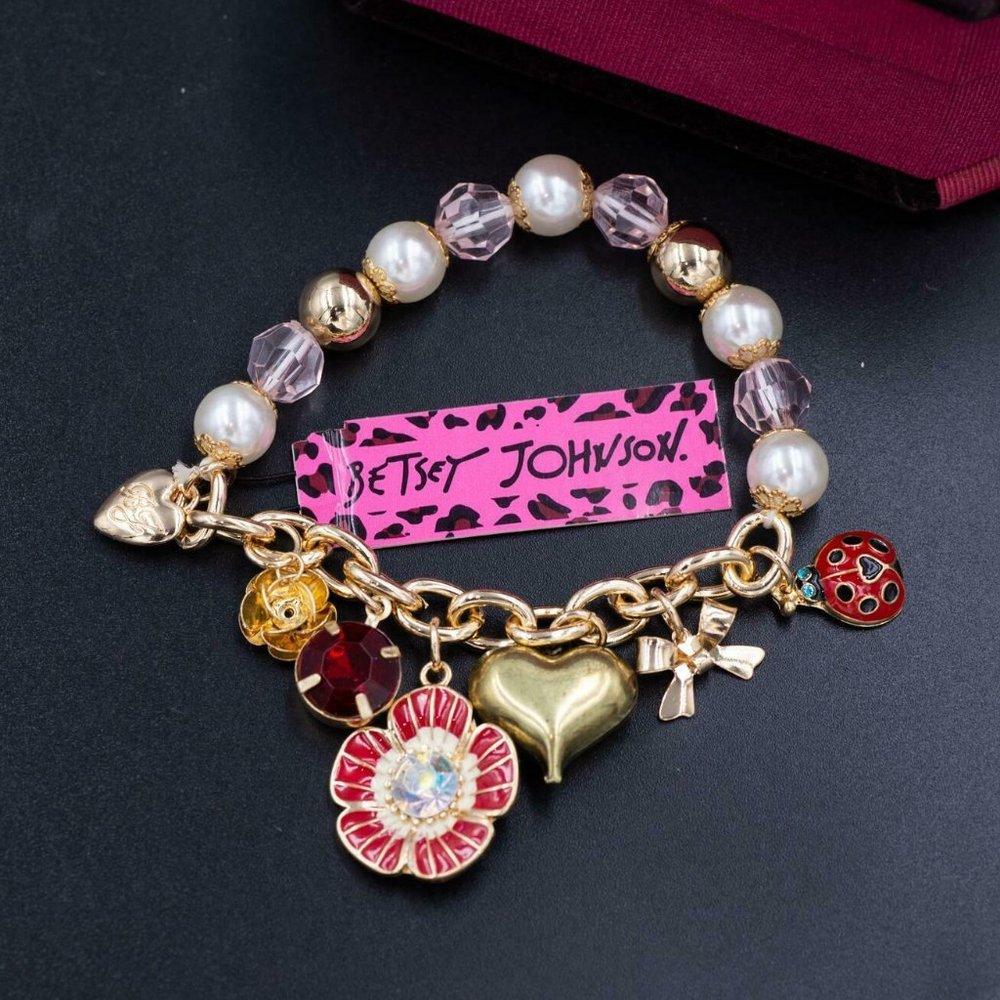 Betsey Johnson Rhinestone Flowers Charm Bracelet